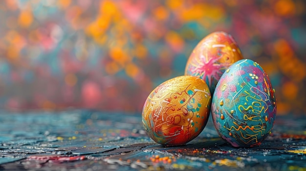 Jajka wielkanocne pomalowane kolorami kreatywne jajka pysanky na ciemnym niewyraźnym tle Malowanie rozpryskiwania i wirowania
