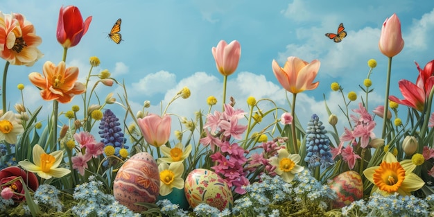 Jajka wielkanocne umieszczone w trawie z kwiatami i motylem w naturalnym krajobrazie