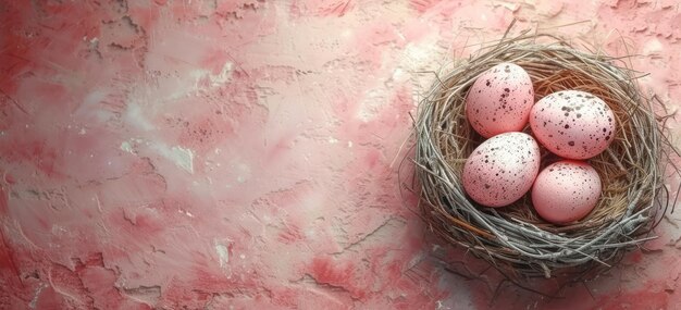 Jajka wielkanocne w gnieździe na różowej ścianie Tło ekstremalne zbliżenie Generatywna sztuczna inteligencja