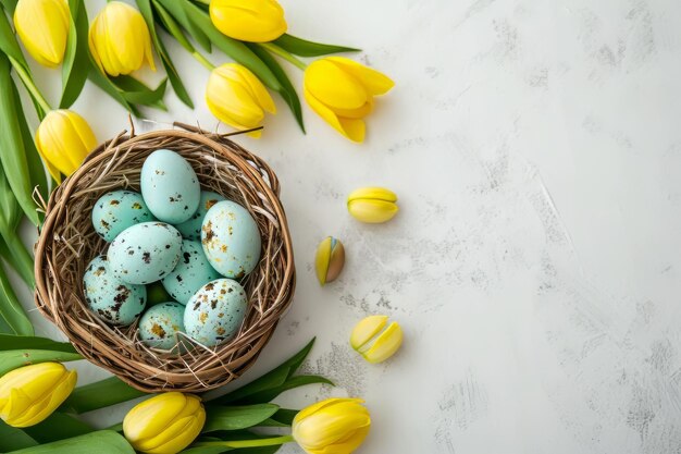 Jajka wielkanocne w koszyku na kolorowym stole z żółtymi tulipanami na tle widok górny szczęśliwy Wielkanoc