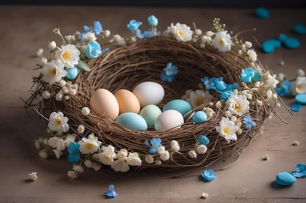 Jajka wielkanocne z słodyczami i kwiatami na beżowym Happy Easter concept Białe i niebieskie jajka i urocze gniazdo z cukierkami