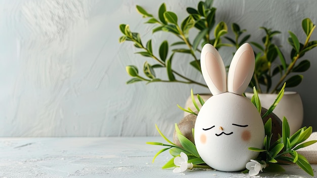 Jajka wielkanocne z uszami królików, zielone liście i kwiaty na szarym tle
