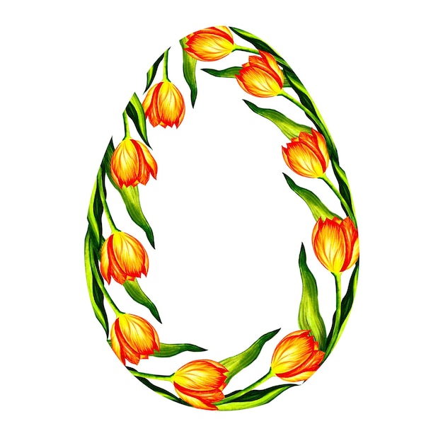 Jajko ozdobione jest kwitnącymi żółtymi tulipanami. Akwarela ilustracja.