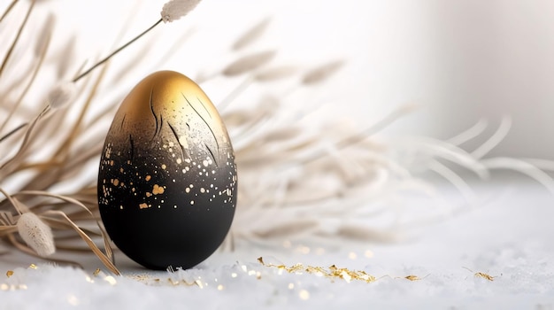 Jajko wielkanocne pomalowane na czarnym i złotym tle na białym tle