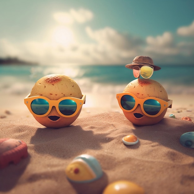Zdjęcie jajko z kreskówek w kapeluszu i okularach przeciwsłonecznych trzyma pomarańczowy koktajl na plaży