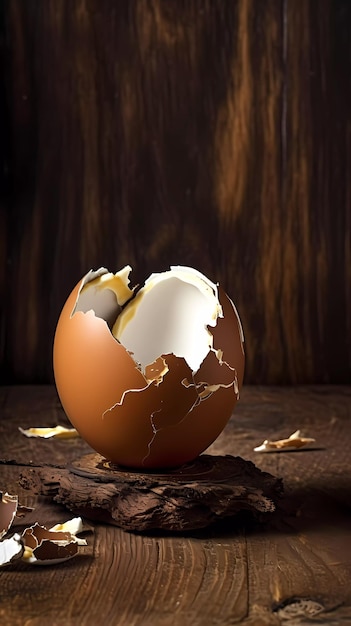 Jajko z łamaną skorupą na drewnianej powierzchni.