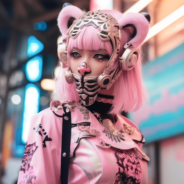 Japonia anime cosplay portret dziewczyny w kostiumie cyberpunkowym Moda nocna Tokio Światło