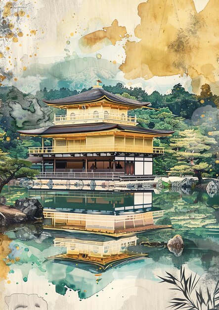 Japonia Kyoto Kinkakji Złoty Pawilon krajobraz akwarelowy szablon zaproszenia ślubnego