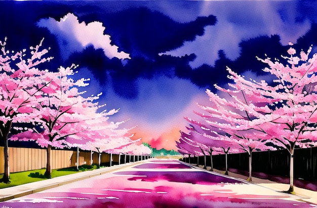 Japonia Sakura festiwal eksplozji kwiatu drzewa wiśni AI wygenerował krajobraz do druku cyfrowego