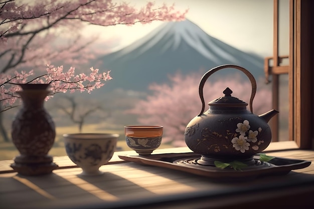 Japońska ceremonia parzenia herbaty z widokiem na góry Generative AI 5