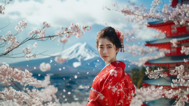 Japońska kobieta w kimono stoi przed kwiatem wiśni i górą Fuji na tle