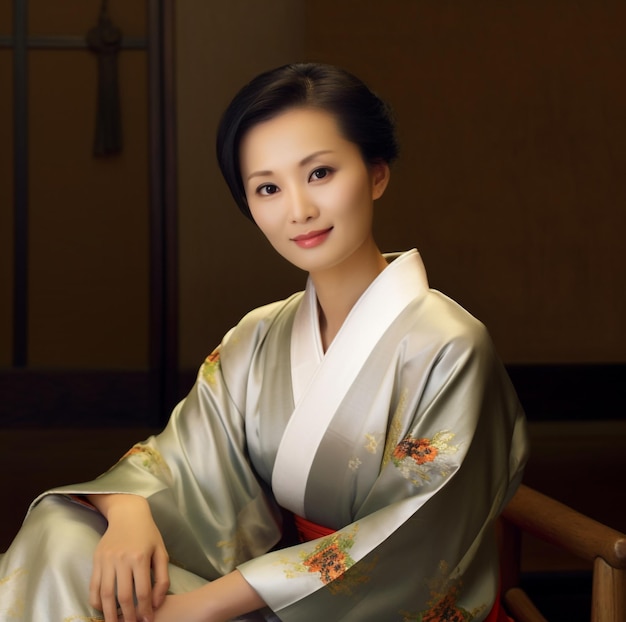 Japońska kobieta w tradycyjnej sukni kimono wygenerowana przez AI