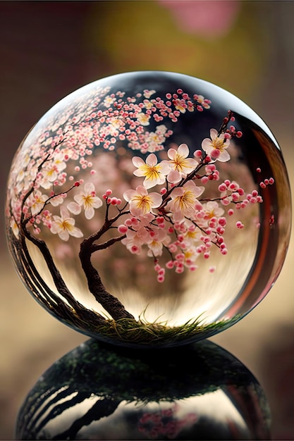 Japońska kwitnąca wiśnia sfotografowana przez soczewkę sferyczną