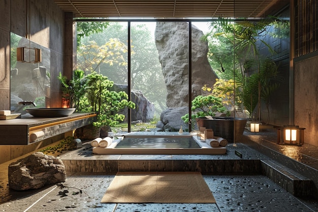 Japońska łazienka inspirowana onsenem z naturalnymi elementami