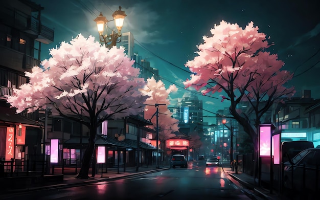 Zdjęcie japońska nocna ilustracja krajobrazu miejskiego z neonowym różowym światłem i kwiatami wiśni ai genera