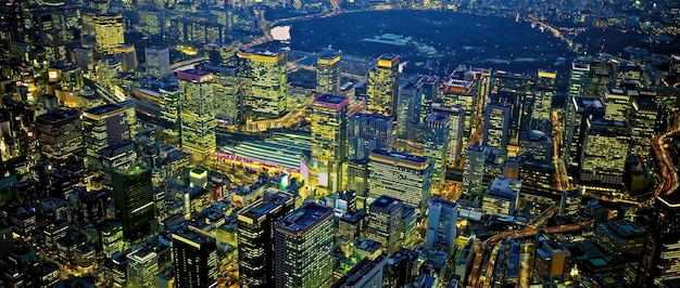 Zdjęcie japońska nowoczesna miejska skyline w nocy z widokiem na wieżę