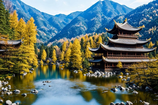 Japońska pagoda znajduje się w jeziorze otoczonym górami.