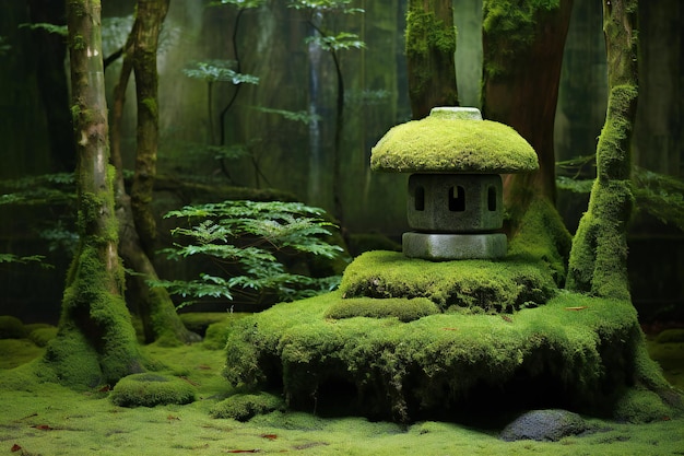 Japońska świątynia w lesie z zielonym mchem i paprociami