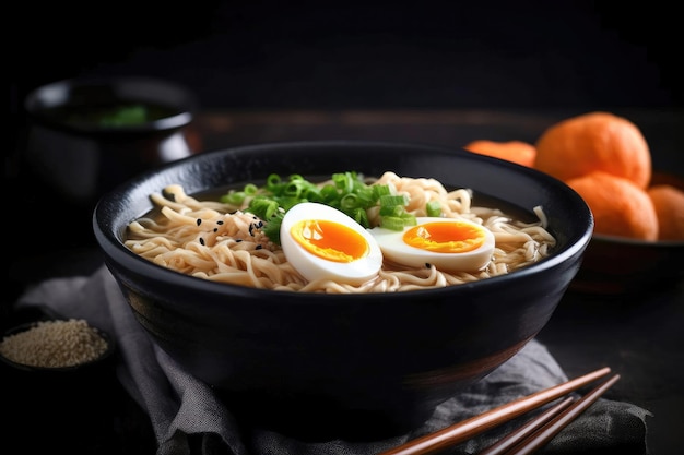 Japońska zupa z makaronem ramen w czarnej misce