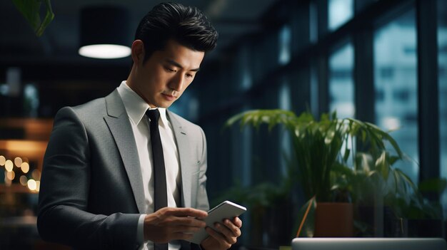 Japoński biznesmen używający smartfona w nowoczesnym biurze