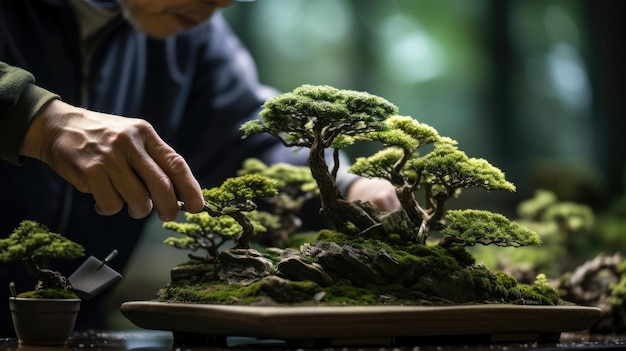 Japoński kurator Bonsai kształtujący miniaturowy las