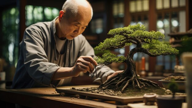 Zdjęcie japoński mistrz bonsai tworzy żywe dzieła sztuki