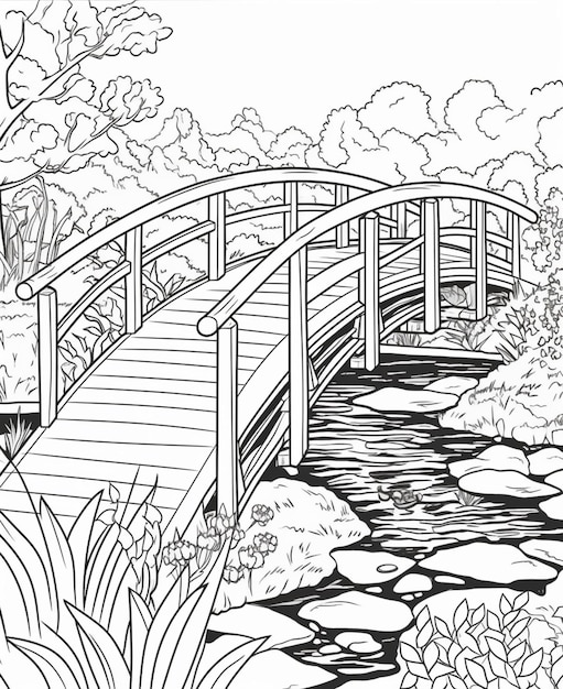 Japoński most w ogrodzie. czarno-biały japoński most w ogrodzie ilustracji