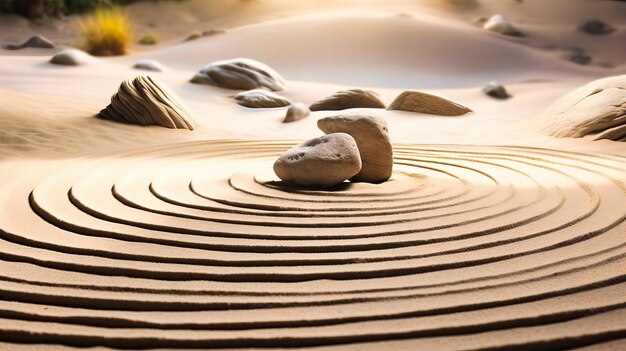 Japoński ogród Zen Zgrabiony piasek i skały Medytacja i harmonia z spokojnymi wzorcami