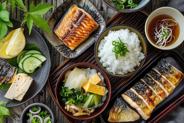 japoński posiłek ryba ryż widok z góry