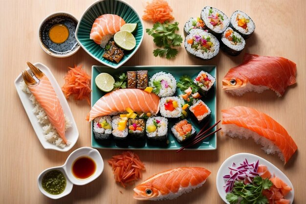 Japoński posiłek Sushi Sashimi i Wasabi przez Generative AI