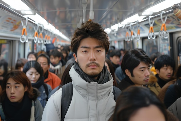 Japoński pracownik dojeżdżający do pracy w zatłoczonych pociągach