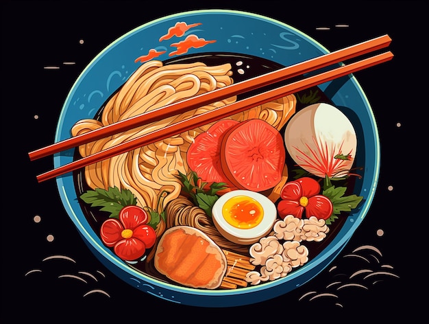 Japoński Ramen Noodle Ilustracja Kreskówka Styl AI Generowane