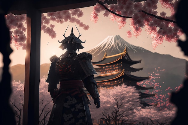 Japoński samuraj patrzący na świątynię