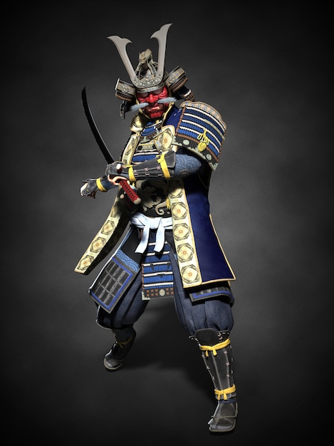 Japoński samuraj z wyciągniętym mieczem. ilustracja 3d