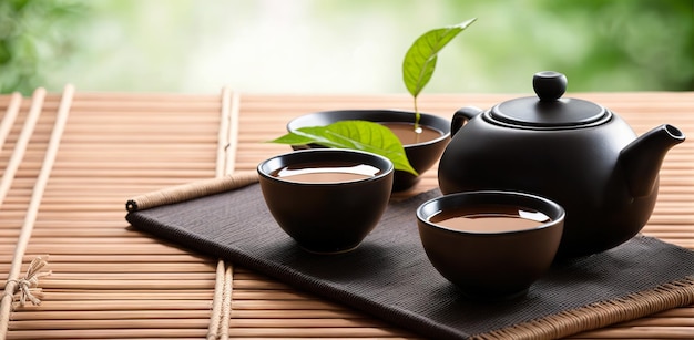 Japoński zestaw do herbaty na bambusowej macie Ceremonia parzenia herbaty Generative AI
