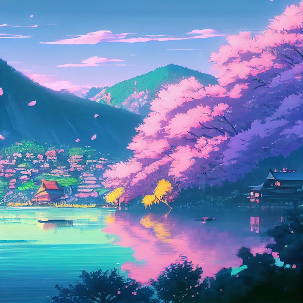 Japońskie drzewa wiśni i krajobraz jeziora anime manga ilustracja