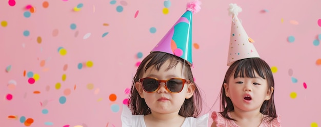 Japońskie dziewczynki z kapeluszem i okularami przeciwsłonecznymi na różowym tle z konfetti