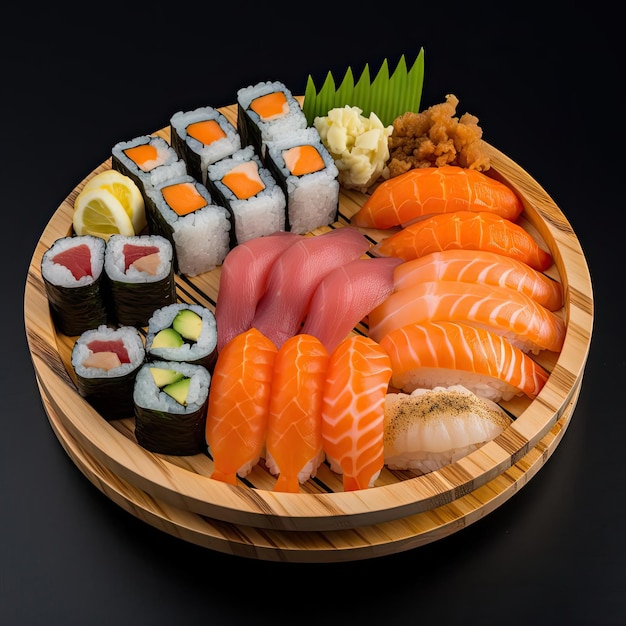Japońskie jedzenie sushi w drewnianym talerzu na czarnym tle
