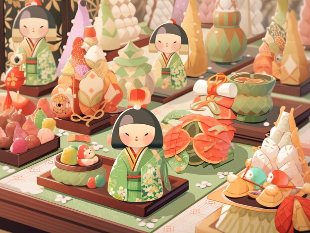 Japońskie lalki Hinamatsuri z kreskówek w kolorze zielonym