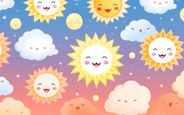Japońskie słodkie słońce powtarzające się wzory w stylu anime w pastelowych kolorach