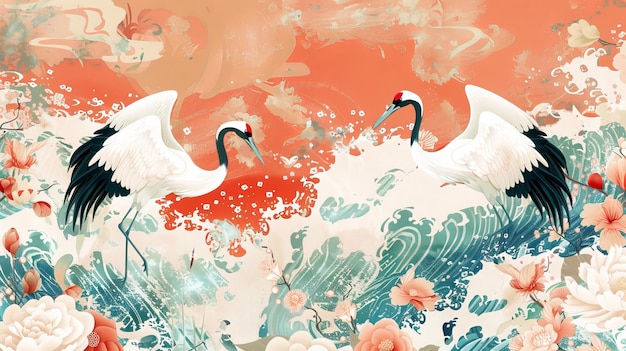 Japońskie tło z akwarelową teksturą malarską Wschodni naturalny wzór fali wraz z oceanem morza dekoracja baner w stylu vintage element wzoru kwiatowego