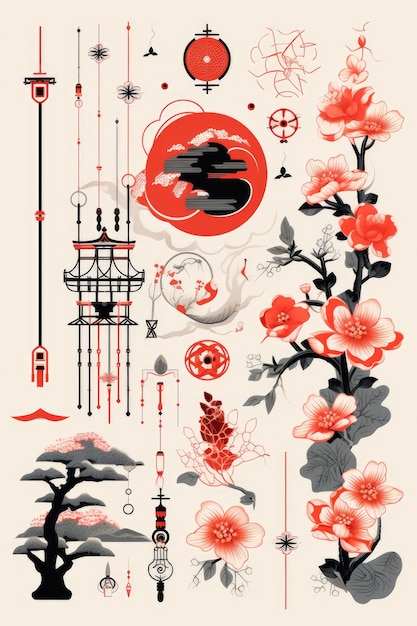 Japońskie tradycyjne elementy projektowe ilustracja Generative ai