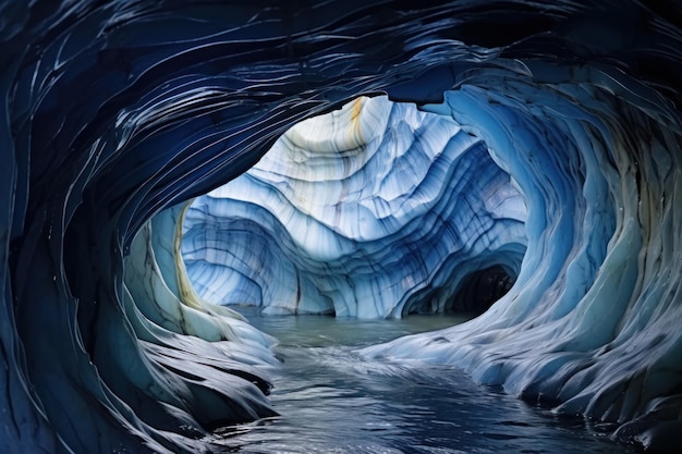 Jaskinia lodowa bluehued ze słodkowodnym jeziorem w centrum Lodowaty niebieski lód Krajobraz Arktyki