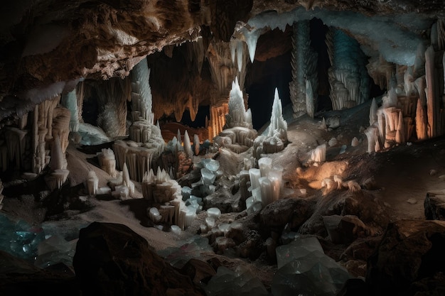 Jaskinia z błyszczącymi formacjami minerałów i kryształów stworzona za pomocą generatywnej sztucznej inteligencji