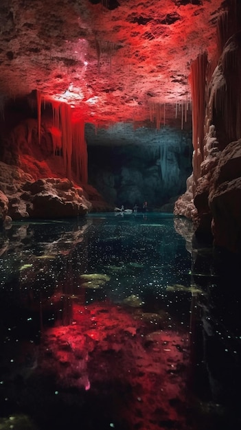 Jaskinia z czerwonym światłem i niebieską wodą pośrodku.