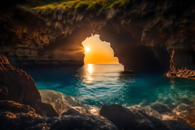Jaskinia z dziurą w ścianie i słońcem świecącym przez wodę.