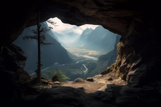 Jaskinia z widokiem na rzekę i góry w tle