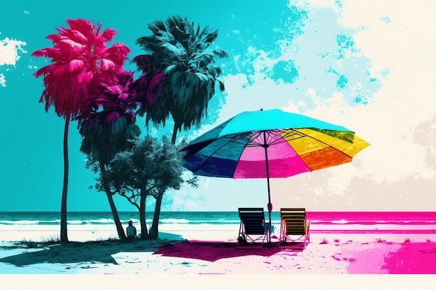 Jaskrawo barwiony parasol i krzesła na plaży z drzewkami palmowymi generative ai