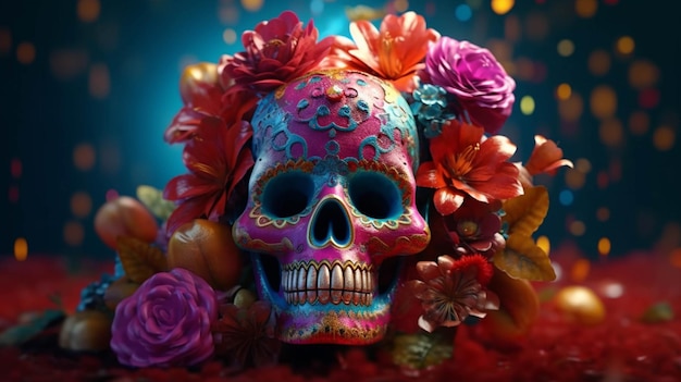 Jaskrawo kolorowa cukrowa czaszka z kwiatami na czerwonym dywanie generatywnym ai