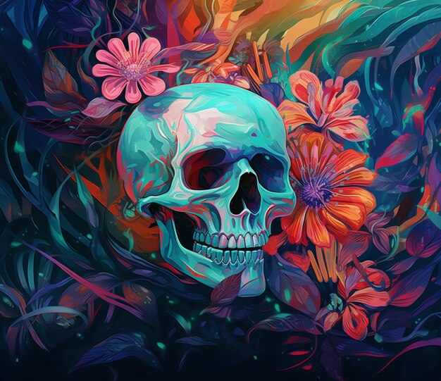 jaskrawo kolorowa czaszka z kwiatami w tle generatywną ai